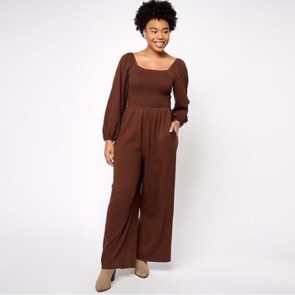 AnyBody Pants - 10.  AnyBody Regular Daydreamer Knit Jumpsuit with Smocking Chocolate size 3X